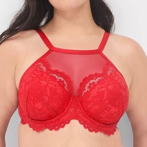 Cacique High-Neck Lightly Lined Balconette Bra Women’s Size 44D Red Lace NWT